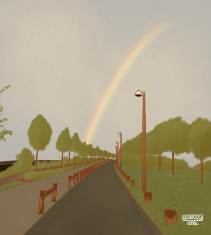 A digital scenery painting of a gray road surrounded by trees, bushes and grass, with a rainbow and a blue sky in the background