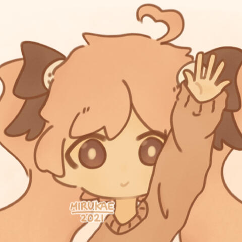 A chibi emote featuring Miru greeting someone else by hand-waving.