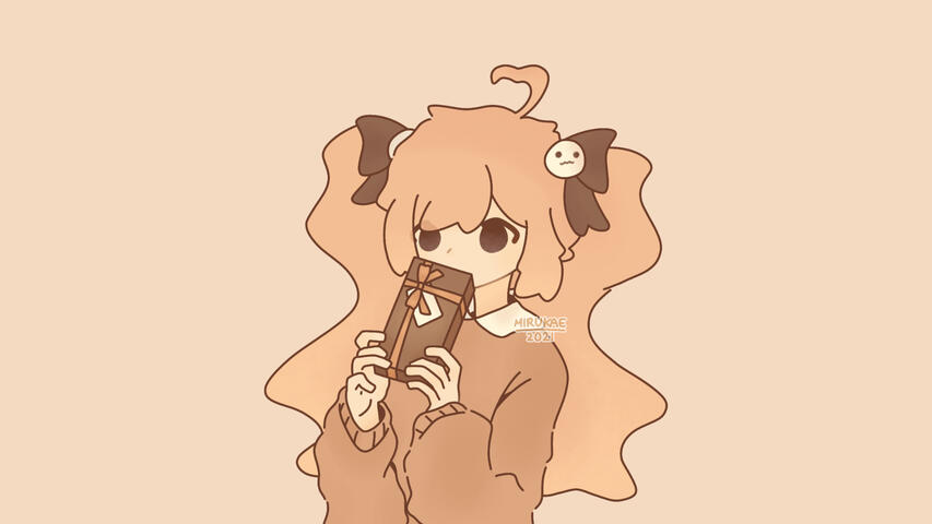 A drawing of Miru. She wears pink twintails tied with brown ribbons. She is holding a chocolate gift for Valentine's Day.
