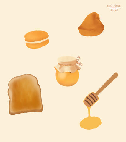 A digital artwork page featuring an orange macaron, a heart-shaped bánh patê sô, a honey jar, a honey butter toast and spoon.