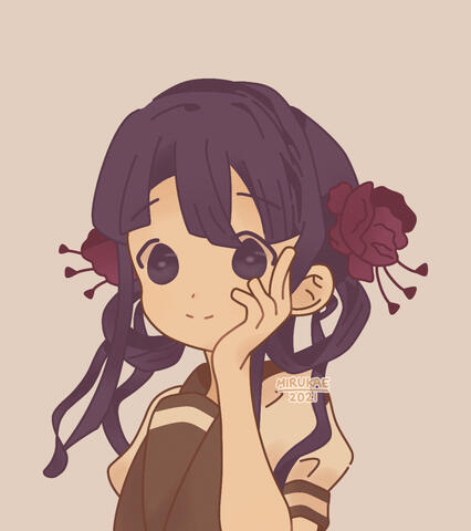 A drawing of Akane Aoi from the manga Toilet Bound Hanako-kun; she has tied purple hair and indigo eyes.