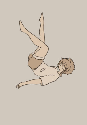 A digital doodle of Nemu's character with their feet pointing upwards and both eyes closed as they fall.