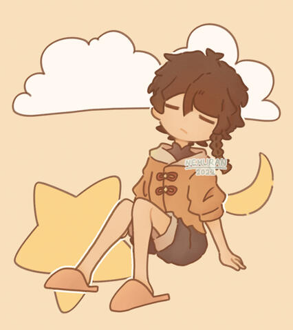 A full-body digital artwork of Nemu, one of Nemuran's OCs, wearing an orange short-sleeved hoodie, brown shorts and a pair of pink-orange slippers. Nemu appears sleeping in a sitting position.