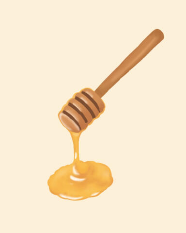A digital food painting of a honey spoon with honey dripping from it.