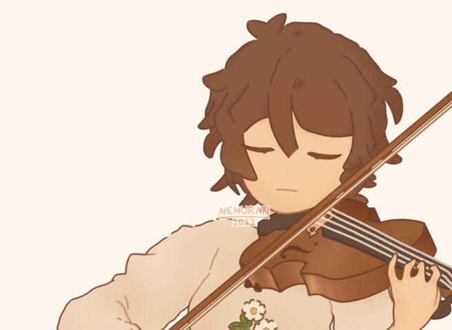 A bust-up artwork of Nemu, one of Nemuran's original characters, in the artist's standard style. They are depicted playing the violin.