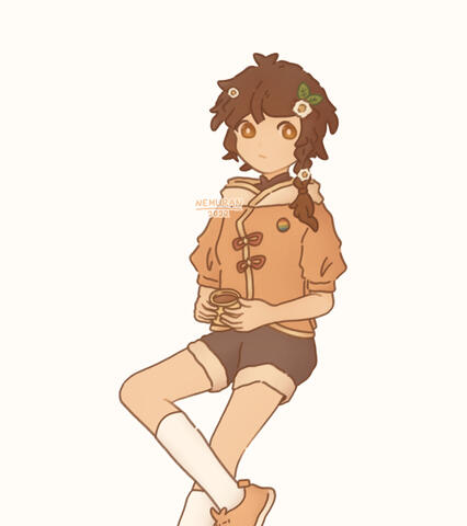 An almost-full-body artwork of Nemu, wearing a faded orange short-sleeved hoodie with cream-coloured hood, brown shorts and a pair of light faded orange sneakers along with white socks. Nemu is seen holding a yellow mug with tea in both hands.