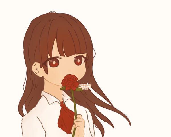 Bust-up artwork featuring the character Ib from the game of the same name, in Nemuran's standard style. She is holding a red rose in her left hand, keeping it close to, and hiding her mouth with it.