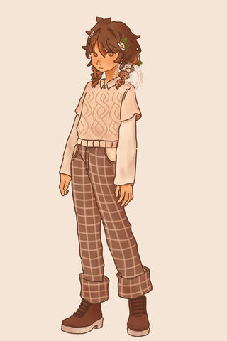 Full-body standard coloured artwork of Nemu, wearing their brown hair into 2 shoulder-length braids, decorated with white flowers and orange strands of hair. He is sporting a short-sleeve beige sweater on top of a white shirt and brown checkered pants.
