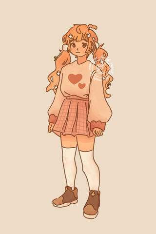 Full-body standard coloured sketch of Nemuran's original character and former persona, Miru, wearing a long-sleeved cream shirt with 2 reddish-pink hearts decorating the front at chest level; a pink checkered skirt, a pair of long white socks and brown sne