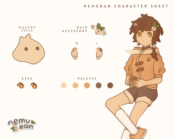 A character reference sheet of Nemu, wearing a faded orange short-sleeved hoodie, brown shorts and a pair of light faded orange sneakers with white socks. Details include flower hair accessories, helix earring on his left ear, colour palette, etc.