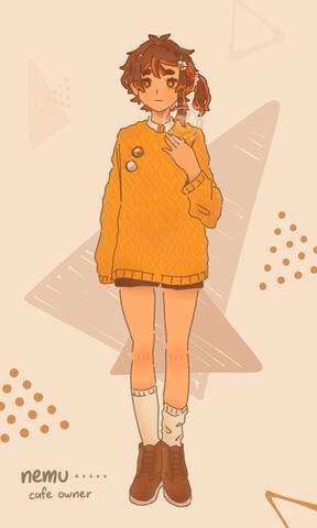 Rendered full-body art of Nemuran's character, Nemu. They are seen with mid-long hair tied into a side ponytail to the character's left, as well as orange strands of hair and underlayer. In addition, Nemu is wearing a honey yellow sweater on top of a white