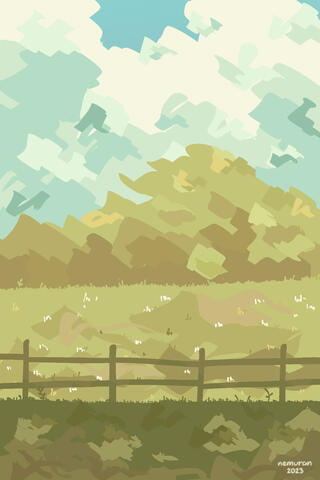 Digital painting of green plains and a fence separating the first plan from the second one. Behind can be seen trees delineating the separation between the plains and the blue sky and clouds that compose the background of the piece.