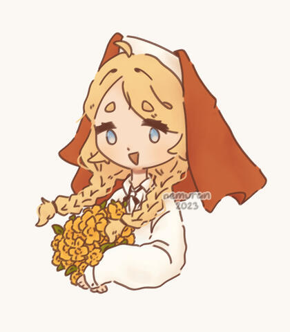 Chibi rendered bust-up fanart of Anne Lester from the game Identity V. She wears her original outfit, and a gentle smile on her face. She holds a bouquet of yellow flowers, representing happiness, optimism, loyalty and positivity; as well as friendship.