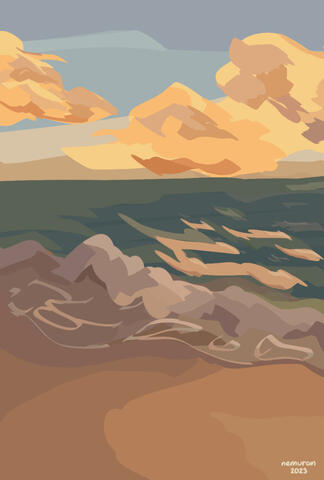 Digital painting of a sea viewed from the shore at sunset. The colours bring a sensation of warmth, although with a light feeling of nostalgia perhaps.