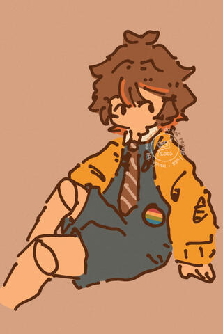 Flat coloured knee-high doodle of Nemuran's character and persona, Nemu, wearing a long-sleeved, honey yellow sweater and a brown striped necktie along with a deep, grayish blue-green apron-overalls.