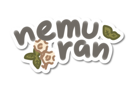 Nemuran's logo. The writing is Nemuran's standard typography. The logo is adorned with 2 green leaves on the top right corner, and a pair of white flowers with 3 green leaves on the bottom left as a reference to their Vtuber design.